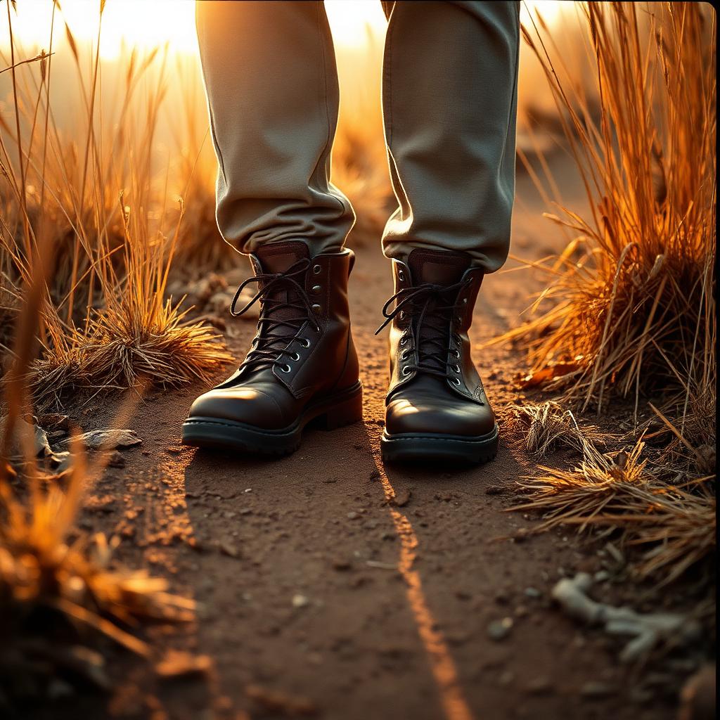 Worn walking shoes on a dirt path
