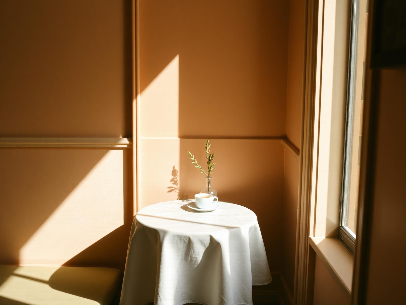 A quiet cafe corner in warm morning light, a small marble table with a cappuccino and a sprig of olive branch