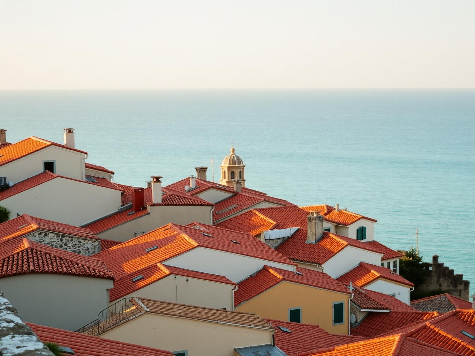 Terracotta rooftops of a Mediterranean coastal village descending toward a pale turquoise sea at golden hour
