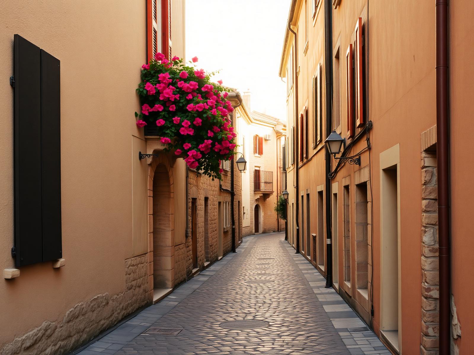 A narrow cobblestone street in a timeless European village with pale stone buildings and bougainvillea in golden light