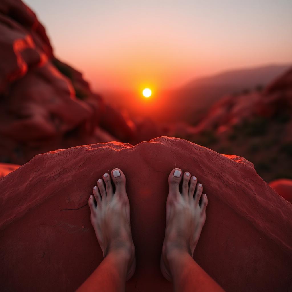 Bare feet on red sandstone at sunrise