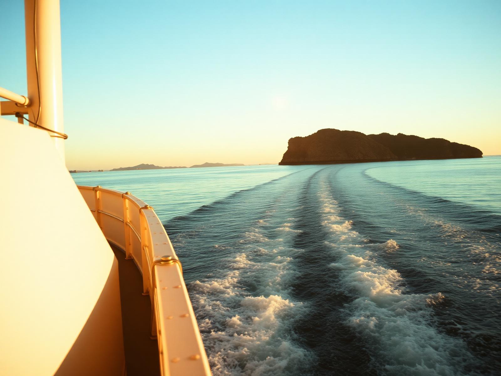 View from the deck of a ferry crossing calm sea toward a distant island silhouette at golden hour
