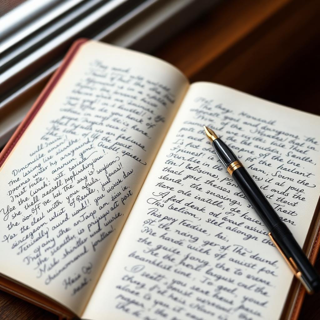Handwritten cursive in a leather journal