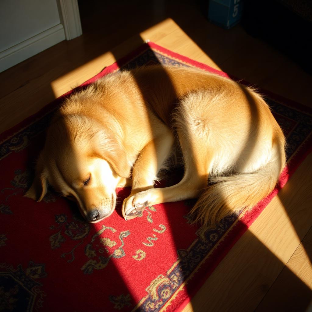 Golden retriever asleep on a faded rug