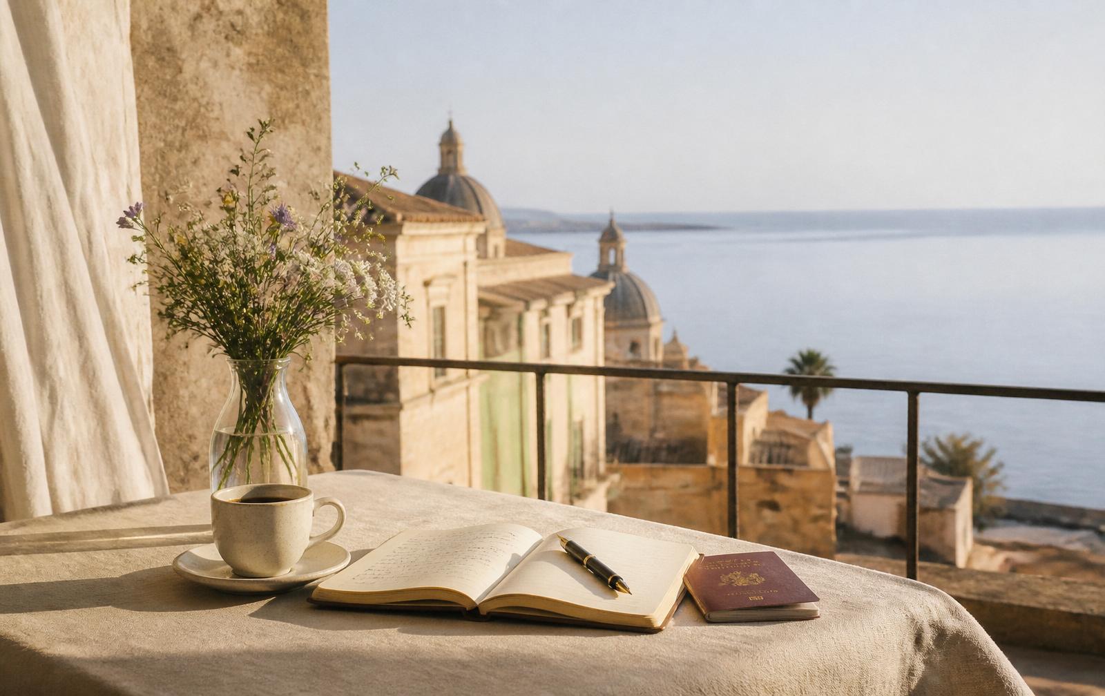 Soft Mediterranean morning light on a quiet balcony overlooking the sea, an espresso cup, an open journal with fountain pen, a passport, and fresh wildflowers on a linen covered table