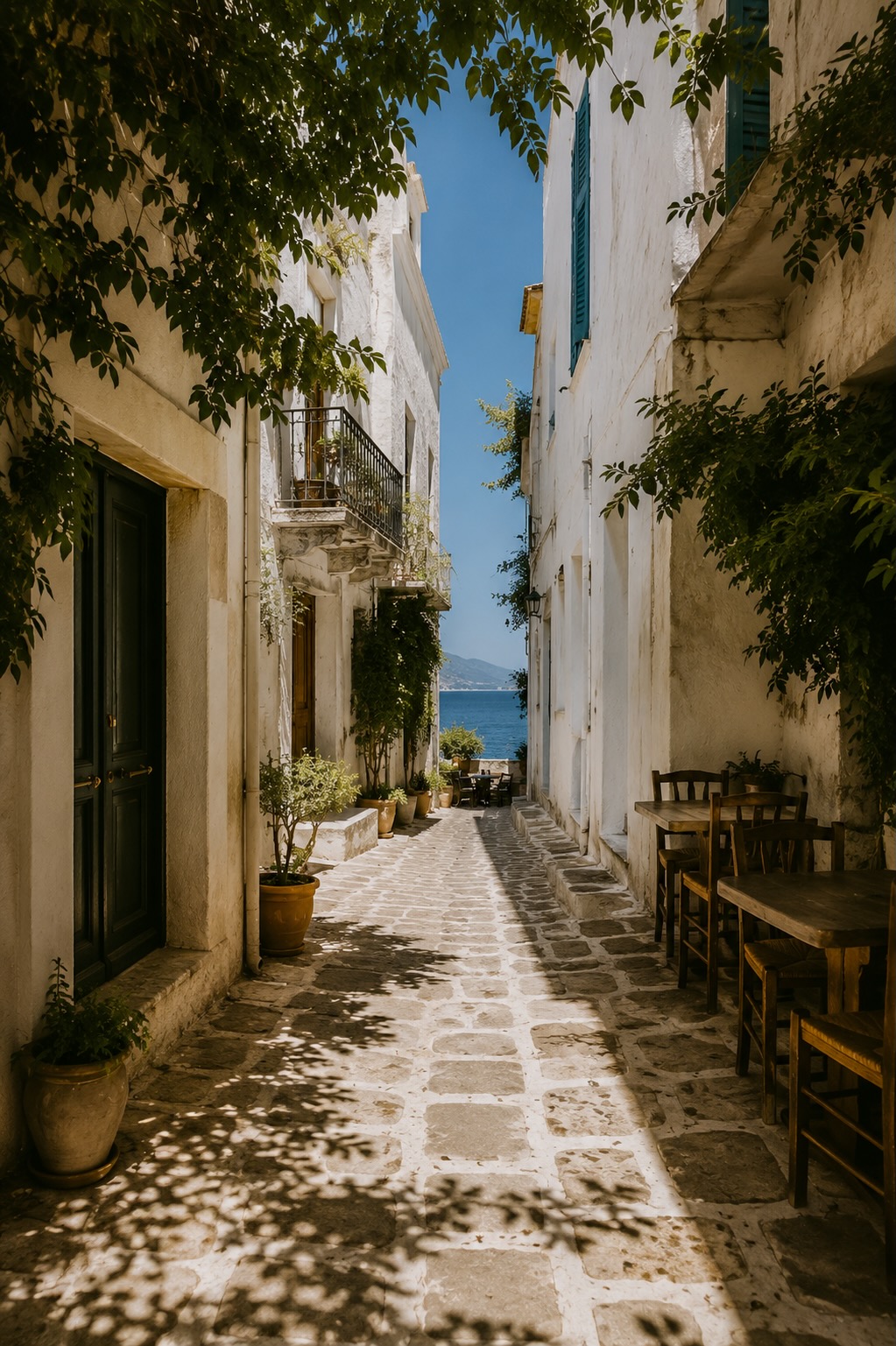 A sunlit whitewashed alley opening to the sea, with wooden cafe chairs and potted greenery
