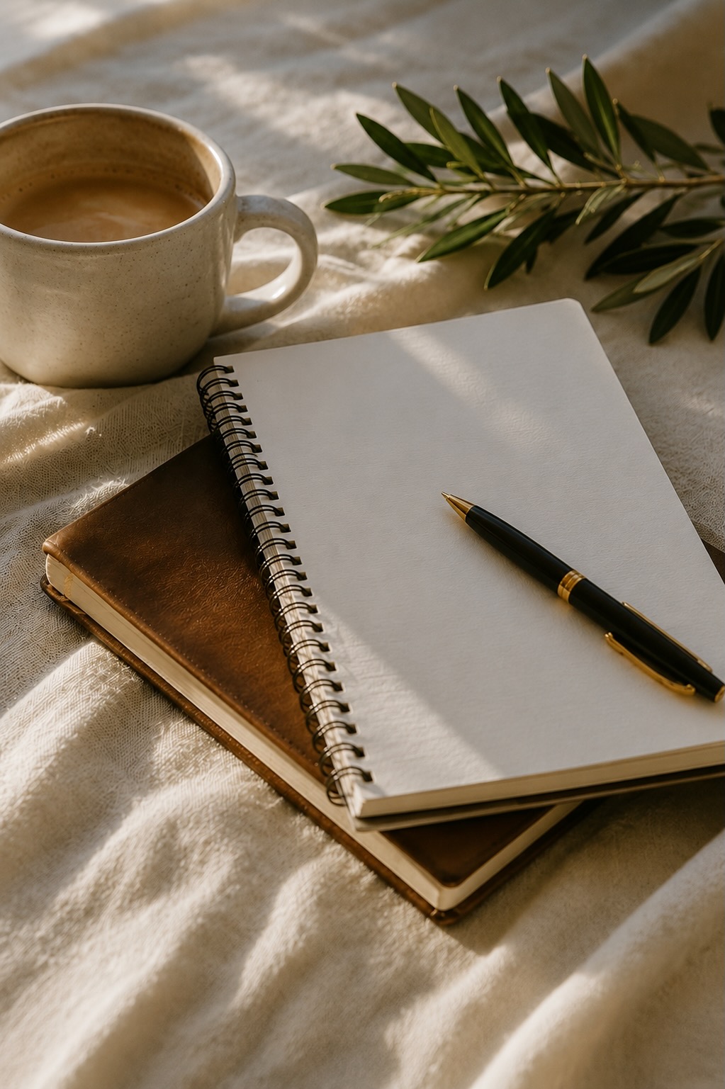 Leather journal, spiral notebook, and a warm mug of coffee on soft linen in morning light