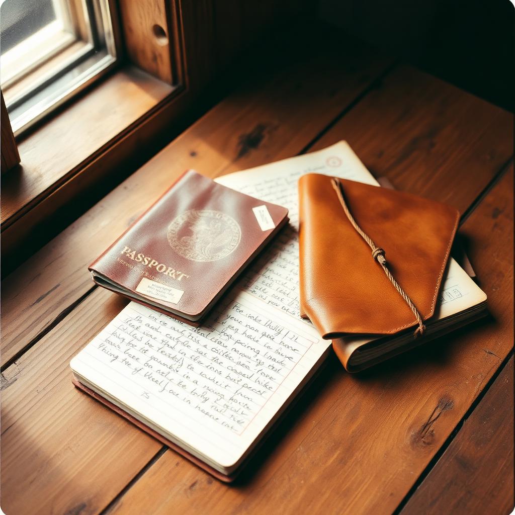 Worn leather passport and travel journal on weathered oak