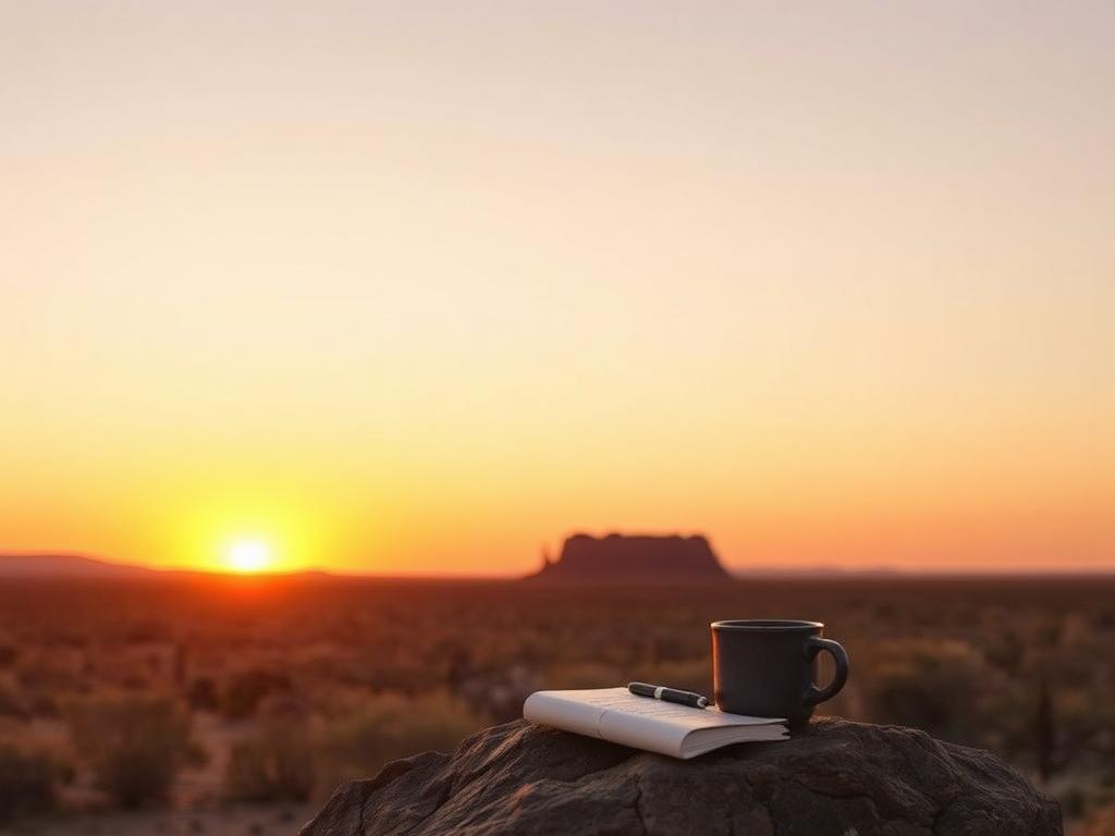 Desert sunrise with a mug on a rock