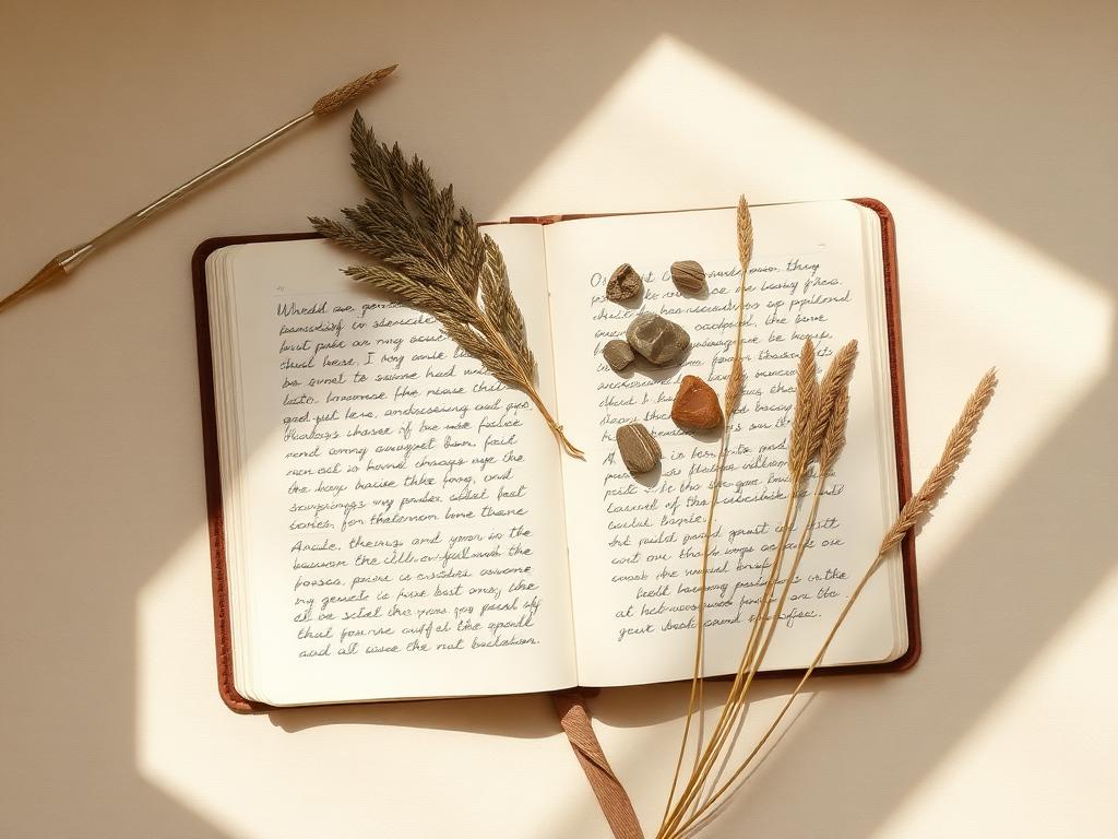 Field journal with pressed flowers and stones
