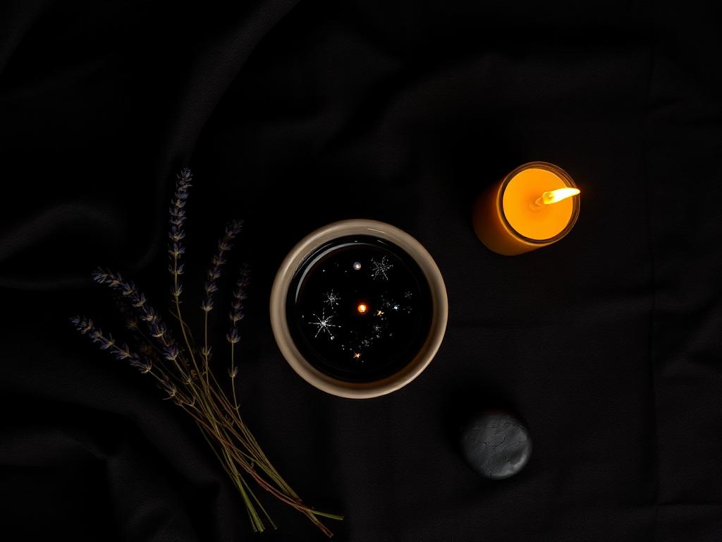 Candlelit bowl of water with moon phase