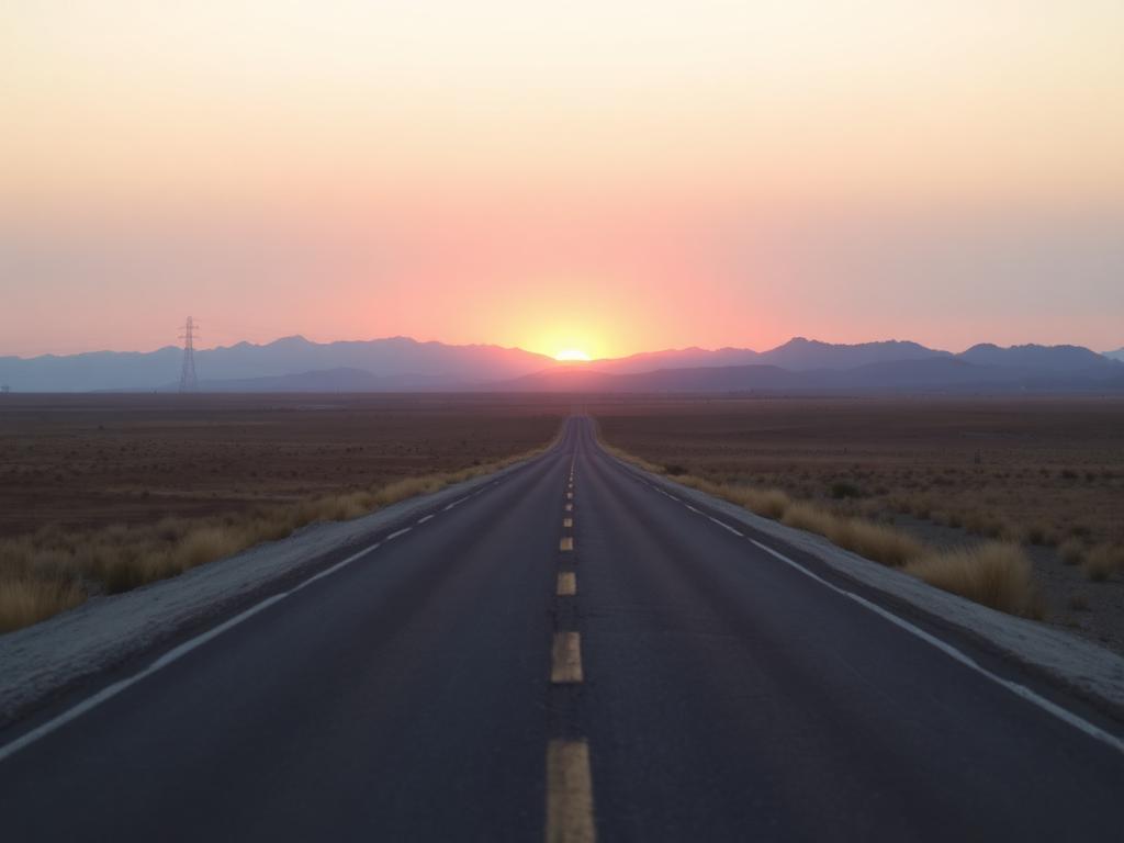 Open desert highway at sunset