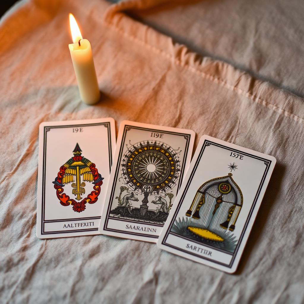 Three tarot cards beside a beeswax candle