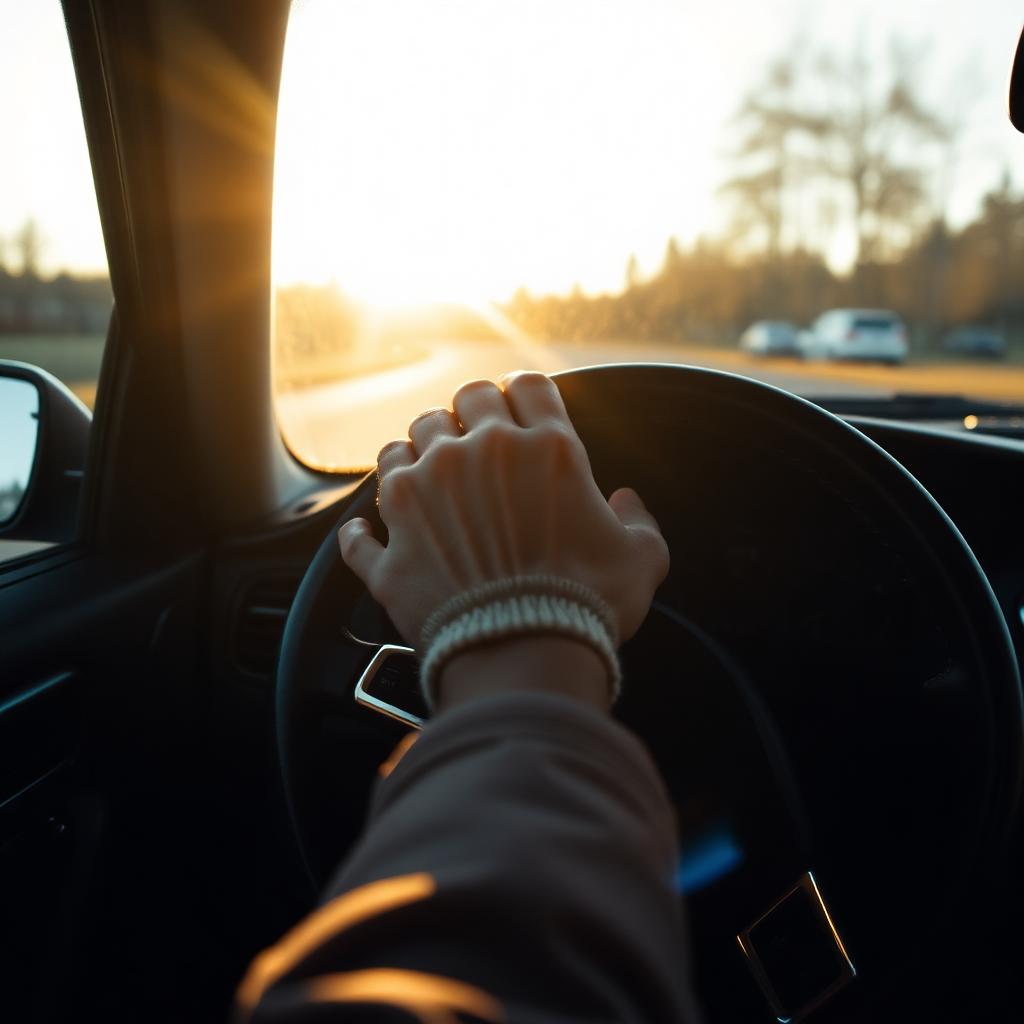 Driver's hand on a steering wheel at golden hour