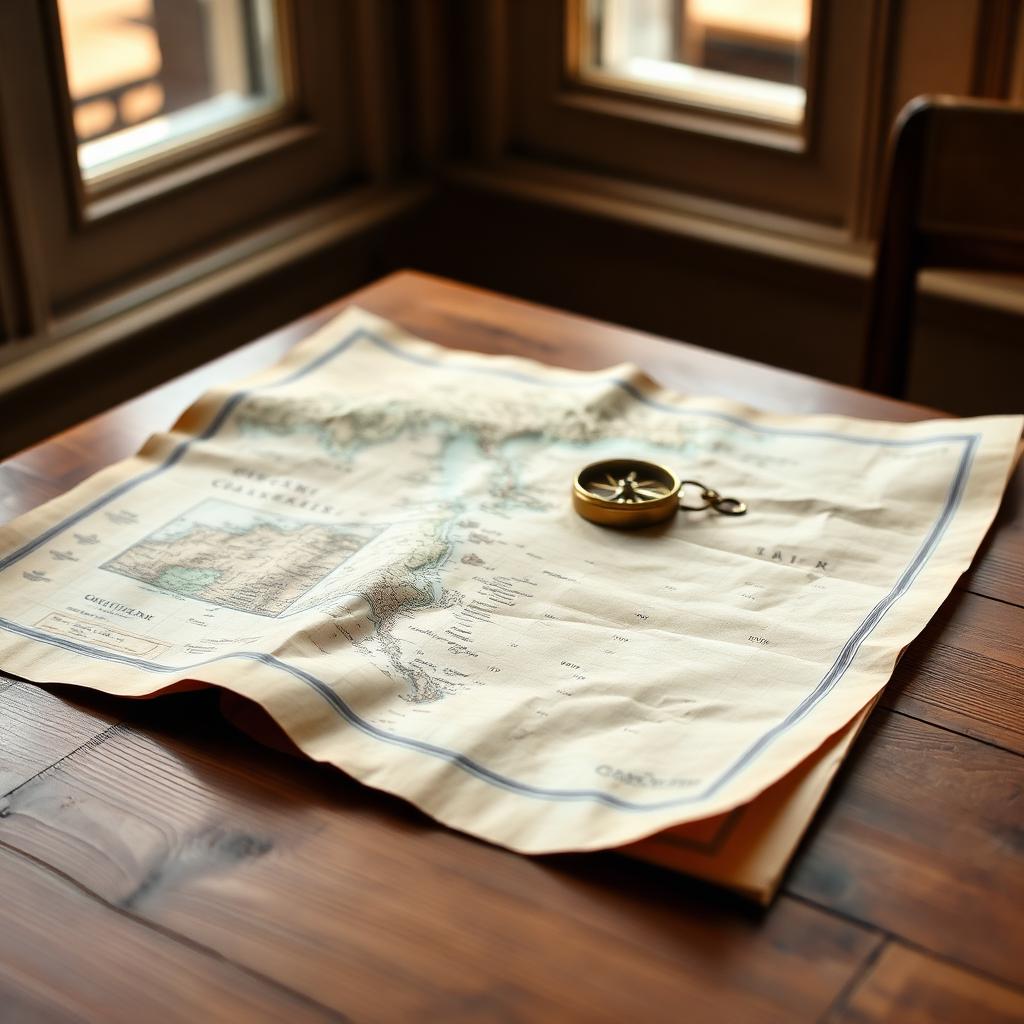 Folded paper coast map with a brass compass