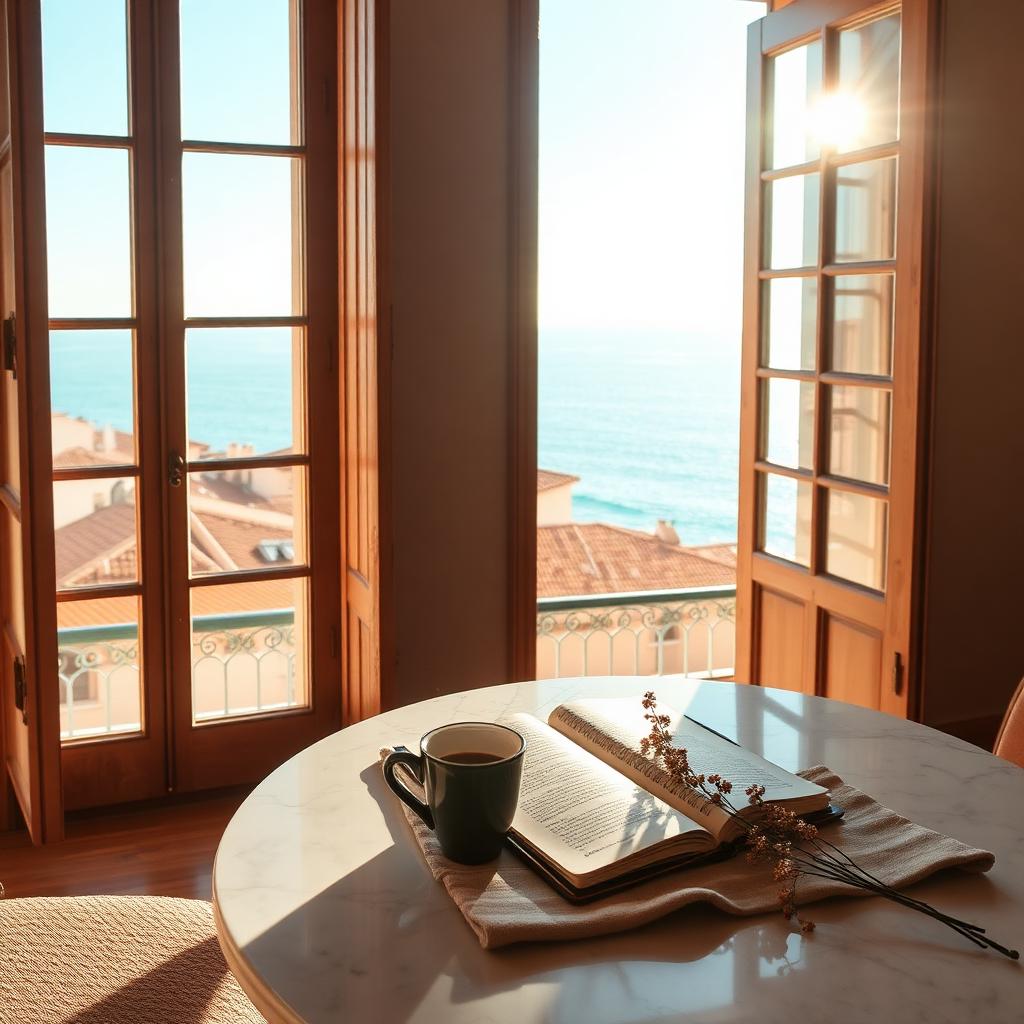 A quiet sunlit Mediterranean apartment with open wooden shutters framing a sea view, a marble table holding an open leather journal, espresso, and wildflowers on linen
