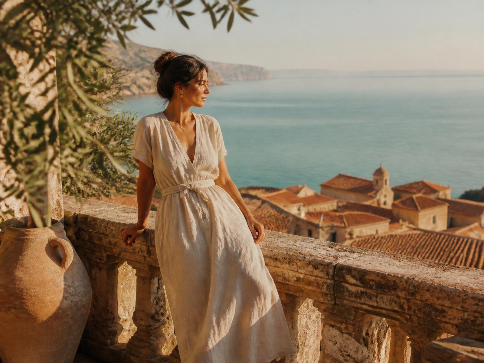A woman in a flowing linen dress on a sun-washed Mediterranean terrace overlooking terracotta rooftops and a calm turquoise sea at golden hour